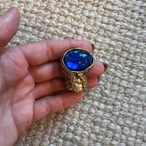 Yves Saint Laurent YSL Gold Tone and Blue Cocktail Ring Sz 7